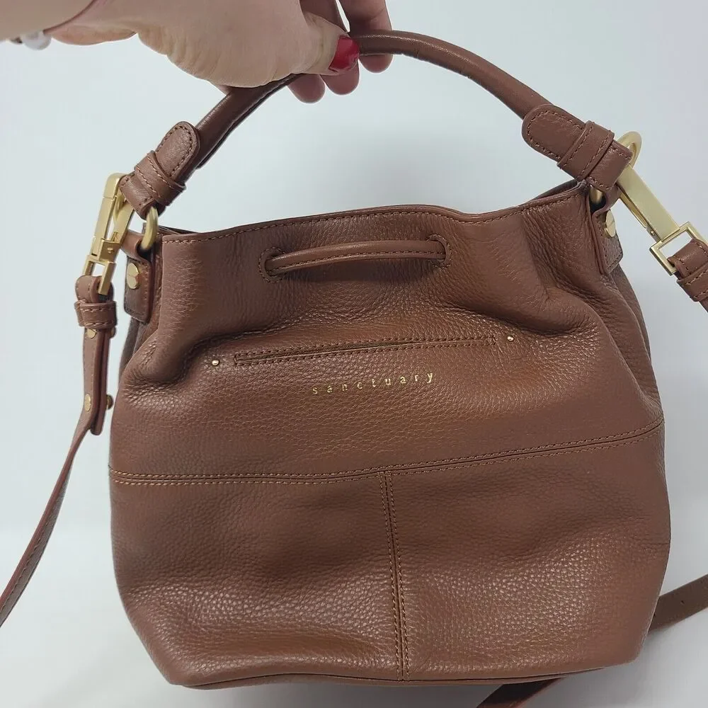Sanctuary Brown Leather Drawstring Bucket Bag Handbag Purse New without Tags